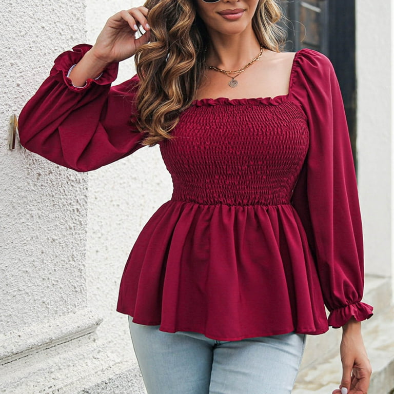Peplum Tops for Women Square Neck Long Sleeve Shirts Bell Sleeve Plain  Ruffles Tunics Tops Ribbed Flared Longline Blouses Ladies 2022 New Autumn