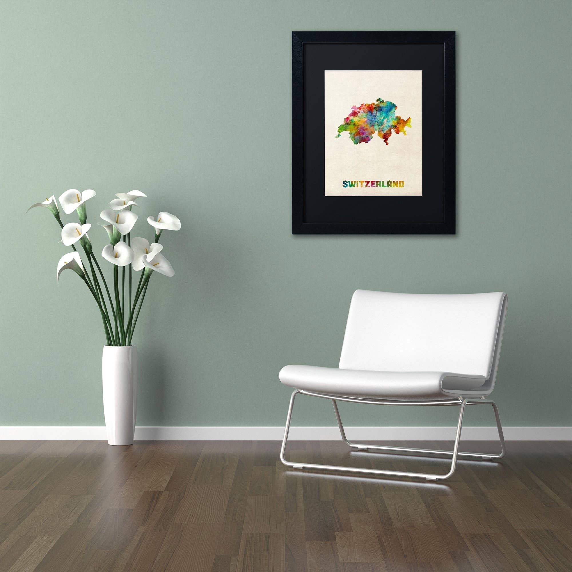 Trademark Fine Art 'Switzerland Watercolor Map' Canvas Art by Michael Tompsett, Black Matte, Black Frame