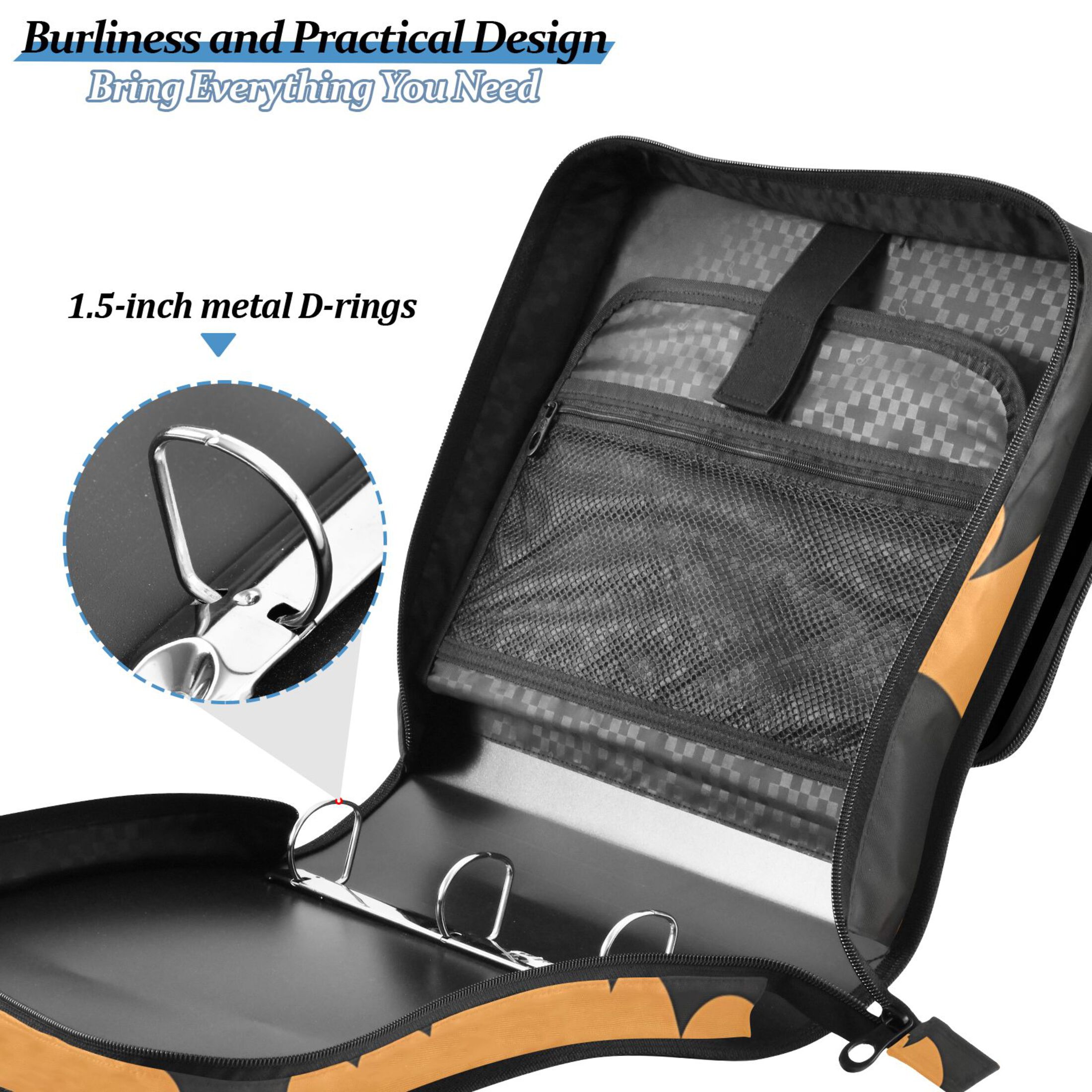 3 Ring Zipper Binder with Shoulder Strap Waterproof Trapper Keeper 2 Inch D-Ring 500 Sheets Capacity Bats on Orange