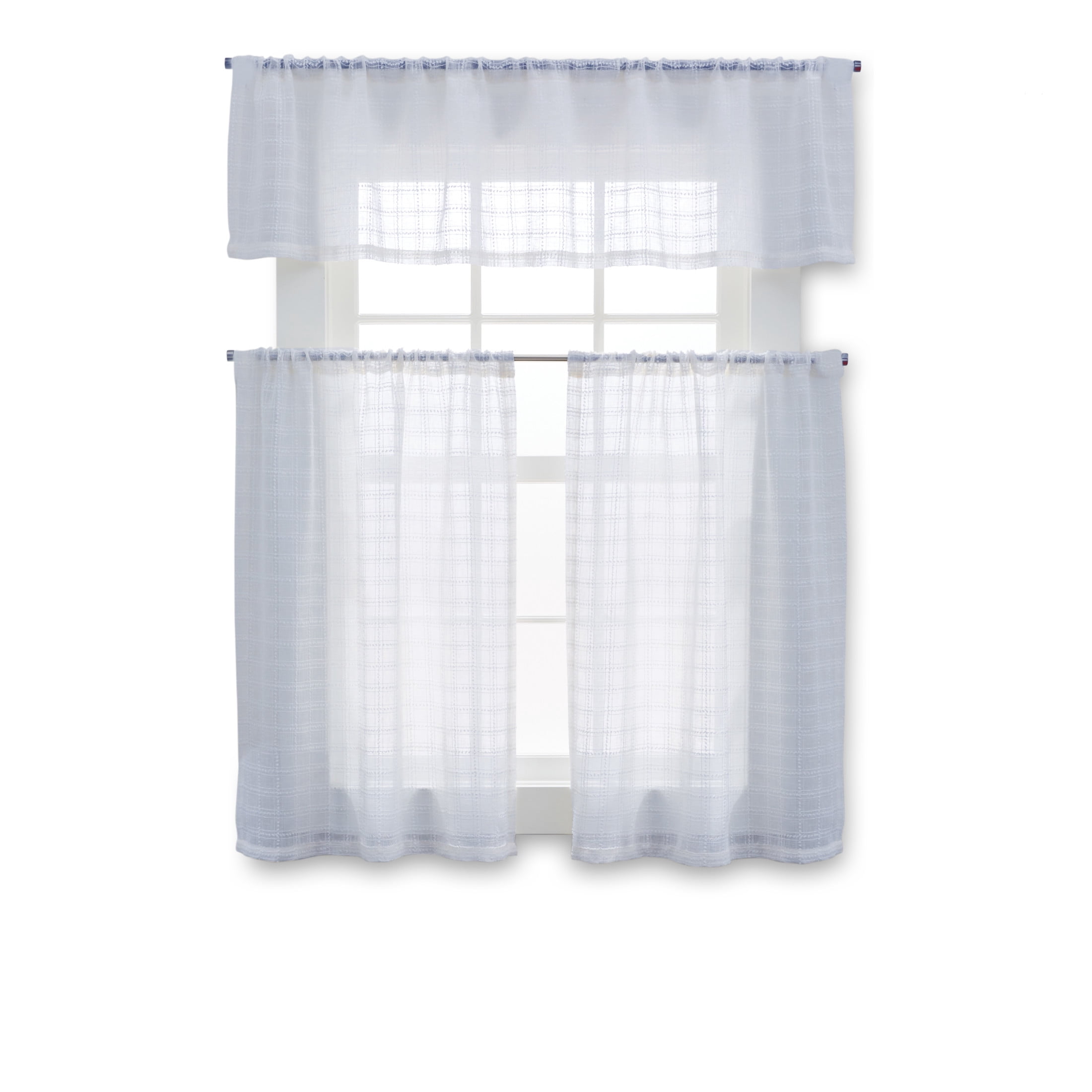 Better Homes & Gardens Tonal Windowpane Valance & Tier Set, 3 Piece Indoor Curtain, Soft Silver, 60"W x 36"L, Adult