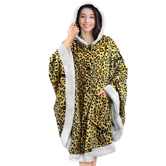Wearable Blanket for Adult Women,Plush Fleece Blanket Poncho Cape with Hood, Soft Shawl, Wrap Throw for Office leopard print