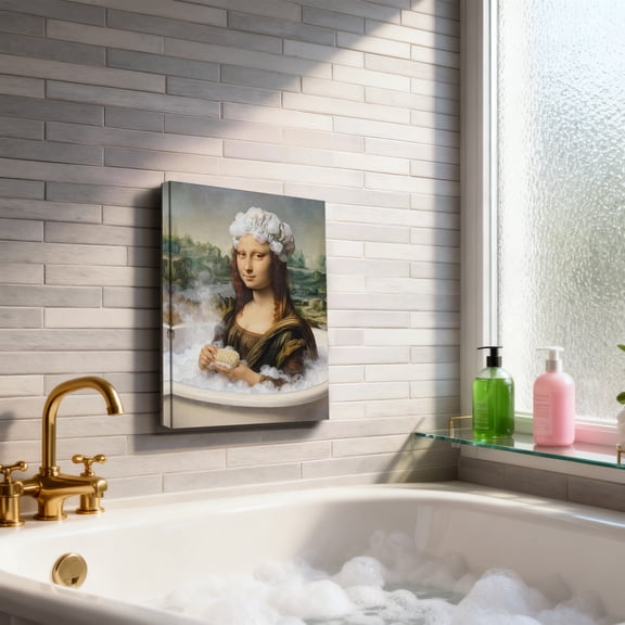 Mona Lisa Bath Cartoon Art Print Framed Wall Decor, 30X40 Inches Funny Bathroom Artwork, Home Office Decor Gift For S Teens, Unique Art Canvas With Frame