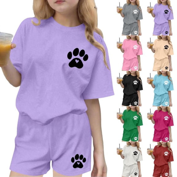 BXSRUTA Girls and Teen Girls Two Piece Summer Outfit Soft Breathable Casual Round Neck Short Sleeve Top with Shorts Set for Kids Everyday Playwear