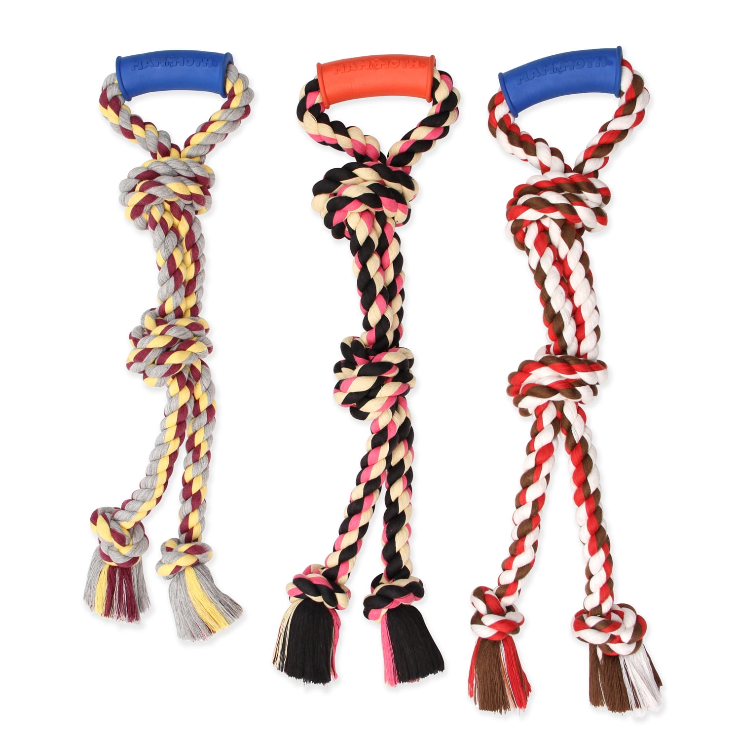 Mammoth Flossy Chews Cottonblend Twin Tug with Rubber Handle Rope Dog Toy, Large 24", Assorted Colors
