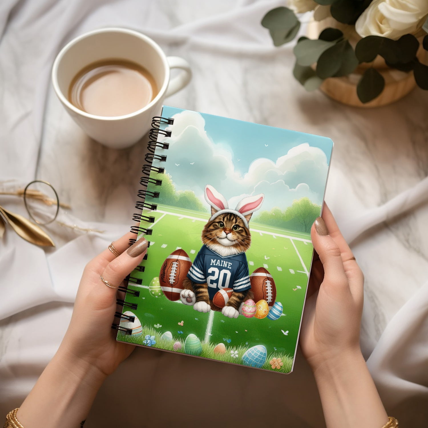 Happy Easter Hello Spring Maine Coon Playing Football Spiral Bound Journal Cat Lover Kitten Owner Gifts 5x7in Spiral Notebook - 13003