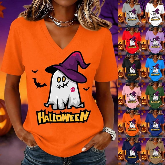 Halloween Costumes for Women V Neck Fall Funny Halloween Ghost Bat Short Sleeve T-Shirt Autumn Holiday Loose Fit Tee Tops Gray XL