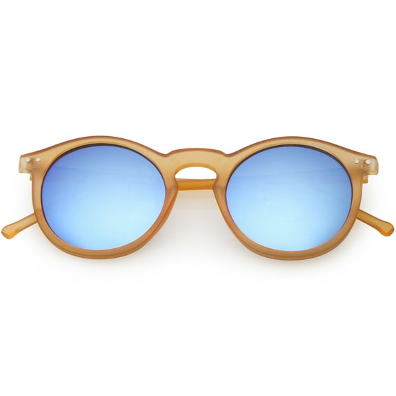 Retro Horn Rimmed Round Sunglasses Keyhole Bridge Colored Mirror Lens 48mm (Matte Orange / Blue Mirror)