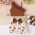 thumbnail image 2 of KPOPLK Toddler Girl Floral Outfit Kids Sleeveless Waffle Cami Tank Ruffle Tops Wide Shorts Summer Clothes for 3T 4T 5T 6T 7T(4-5 Years,Brown), 2 of 4