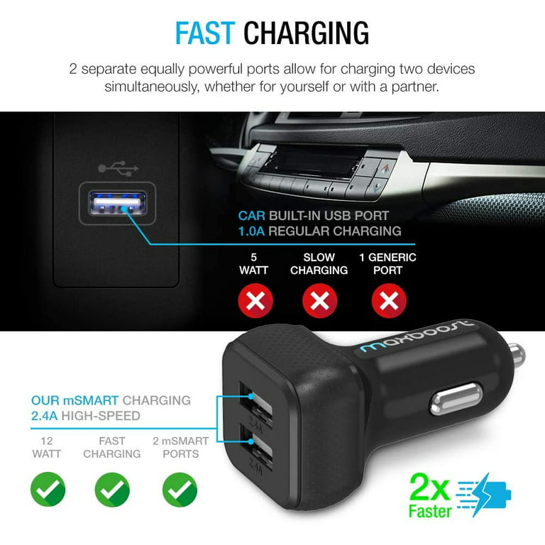 spole besejret Uganda Car Charger, Maxboost 4.8A/24W 2 USB Smart Port Car Charger [Black] -  Walmart.com