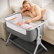 3 in 1 Baby Bassinet Bedside Sleeper, Breathable Mesh Bedside Bassinet for Baby, Easy Assemble & Folding Portable Bassinet, 5 Height Adjustable Bedside Crib with Storage Basket, Mattress.