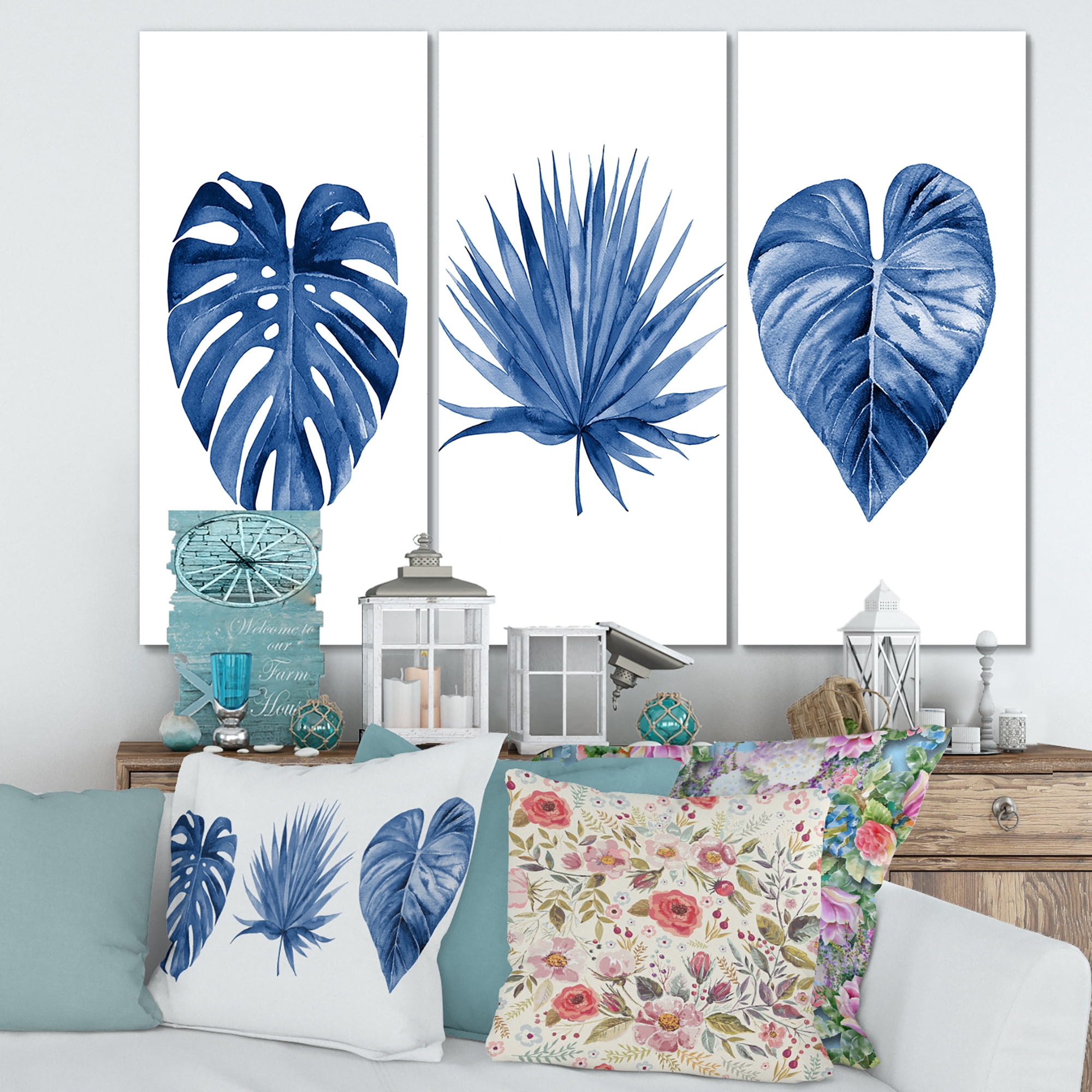 Designart ' Tropical Leaves In Classic Blue ' Tropical Canvas Wall Art Print