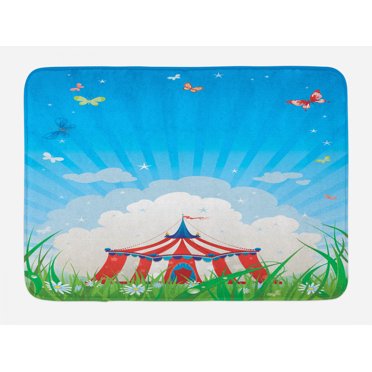 Circus Bath Mat, Travelling Circus Tent with Clouds Butterflies and Clear Sky Festival Happiness, Non-Slip Plush Mat Bathroom Kitchen Laundry Room Decor, 29.5 X 17.5 Inches, Red Green Blue, Ambesonne