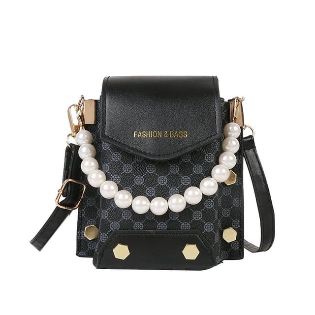 Korean Print Minority Mobile Phone Bag Pearl Chain Flap Handbag for Ladies Girls (White)