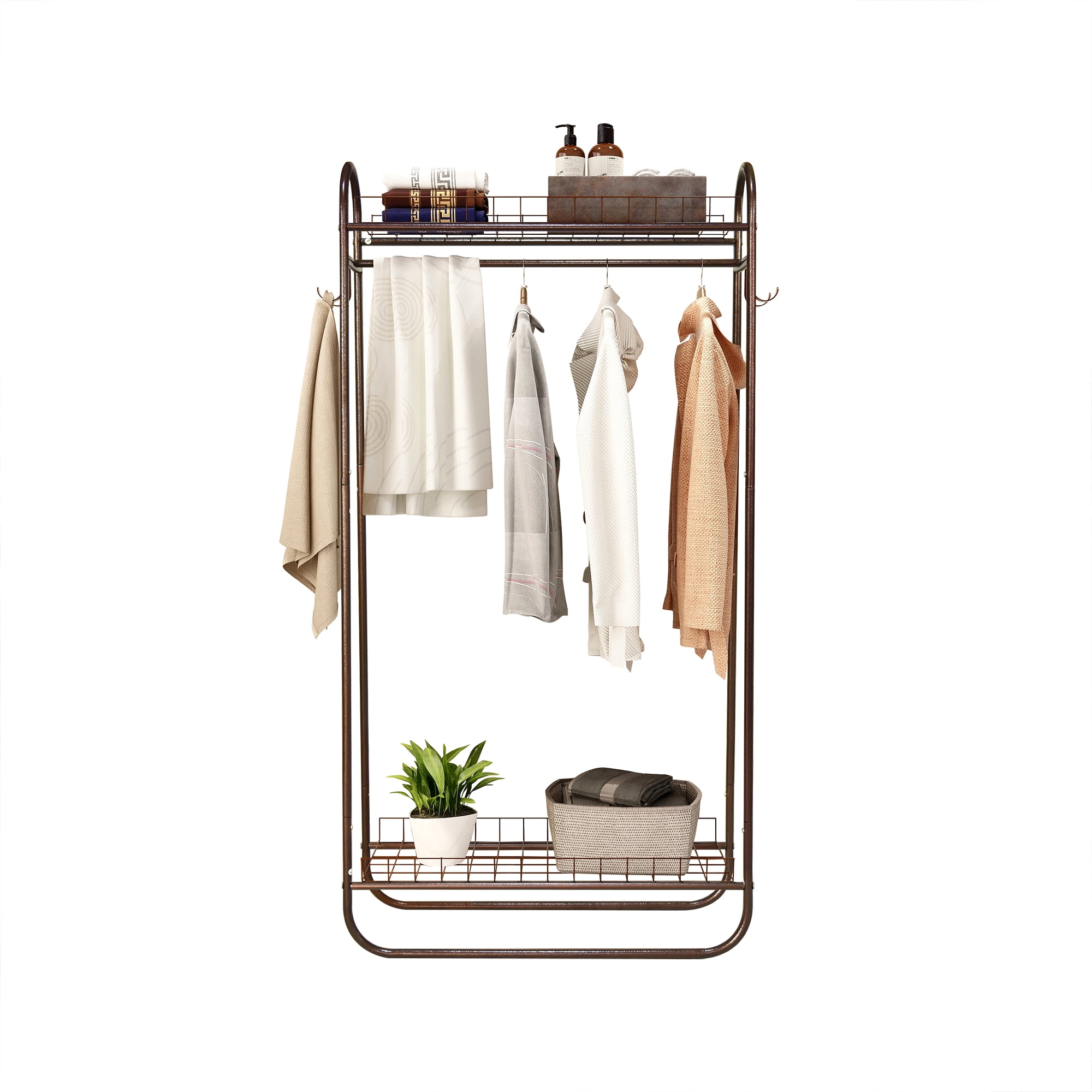 Heavy Duty Rolling Garment Rack, Freestanding Metal Clothing Rack with Hanging Rod & Double Shelves, Portable Wardrobe Organizer for Bedroom Laundry Room