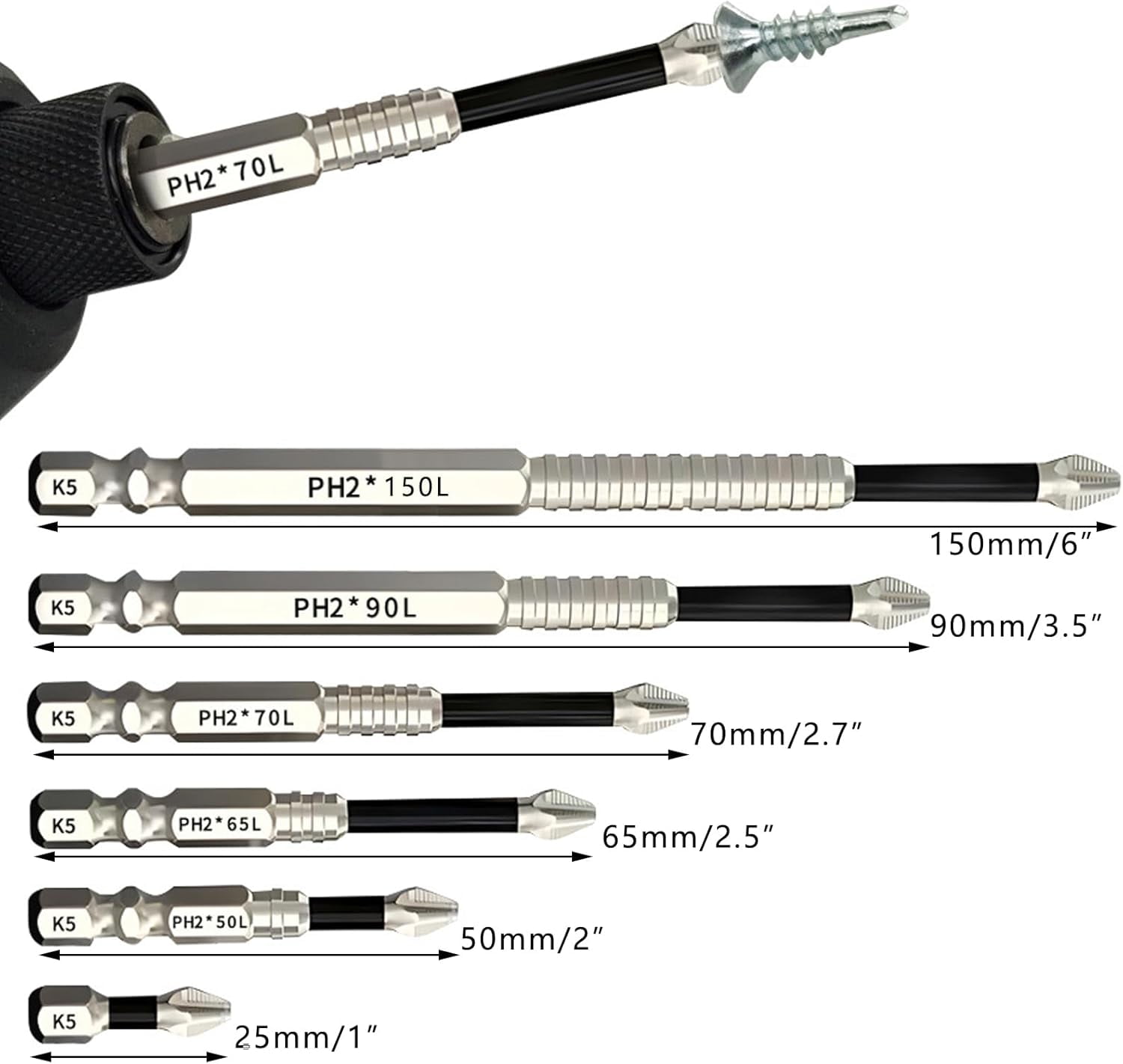 MKEUDQ-PH2 Phillips Bits Set High Magnetic Cross Head Drill Bit Phillips Screwdriver Drill Bit Set Anti-Slip Alloy Steel 1/4 Hex Shank Impact Bits 6 Pack