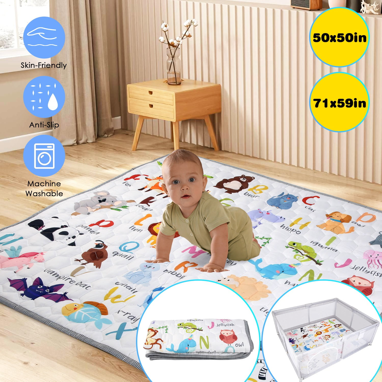 Non-Slip Baby Play Mat TeqHome 50x50" Foldable Playpen Mat Machine Washable Baby Crawling Mat for Babies Toddler Play Tummy Time (S, Animal)