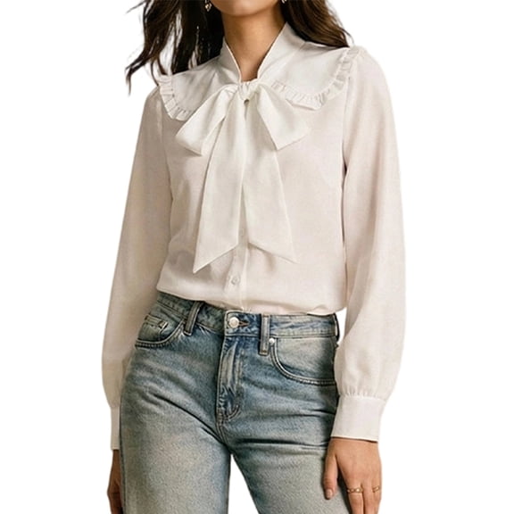 Women'S Tie Neck Blouse - Button Down Long Sleeve Collared Shirt White M