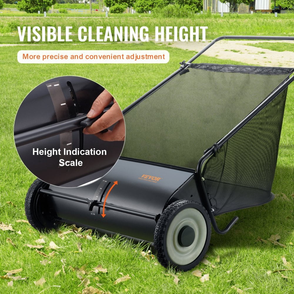 NOBOLEA 26" Push Lawn Sweeper, 7 Cu Ft Leaf & Grass Collector with 4 Brushes, Adjustable Height Heavy Duty Yard Sweeper for Lawn Debris Cleanup
