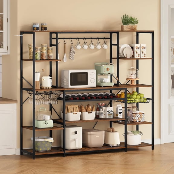 Weiplehoom 62.4" Wide Large Bakers Rack with Power Outlet, 5-Tier Kitchen Microwave Stand & Coffee Bar with Storag Shelves, Wine Rack, Goblet Holder, 8 Hooks, Wire Basket, Brown