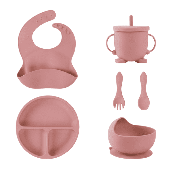 ROSEXIXI Silicone Baby Feeding Set 6 Pcs Baby Eating Essentials Strong Suction Toddler Plates And Bowls Set Soft Silicone Utensils With Straw Cup And Bib for Infants Self Feeding Training