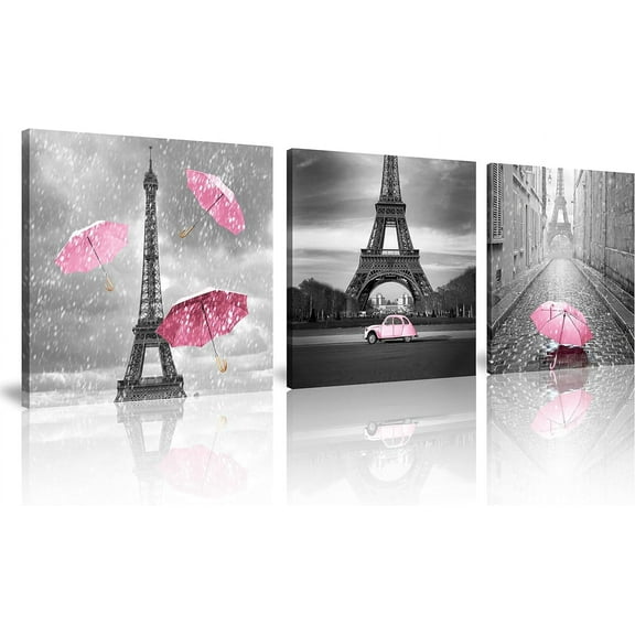 3 Pcs Black and White Canvas Wall Art for Living Room Bedroom Bathroom Girls Pink Paris Theme Room Decor Oil Painting Print Umbrella Tower Eiffel Painting for Wall Decor Pink (12X12inchX3pcs