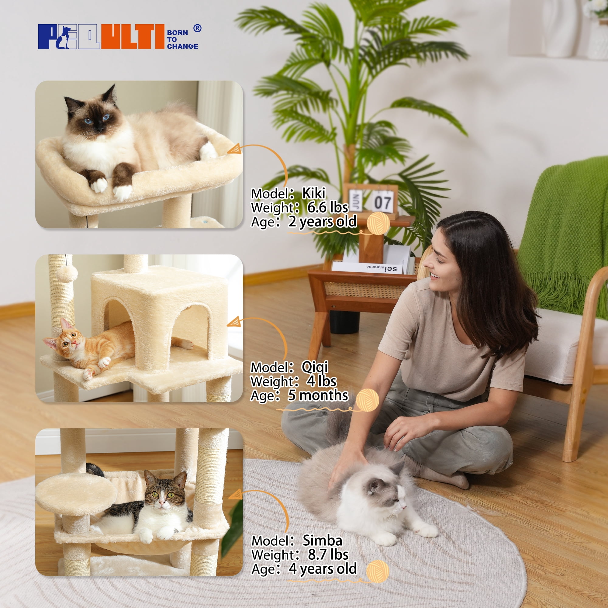 PEQULTI 45.7" Multi-Level Cat Tree Large Cat Tower Indoor with Condo and Hommock Dark Beige