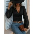 thumbnail image 3 of Womens Tops Deep V Neck -Wrap Tops Polka Dot Mesh Long Sleeve T Shirt Casual Blouses, 3 of 7