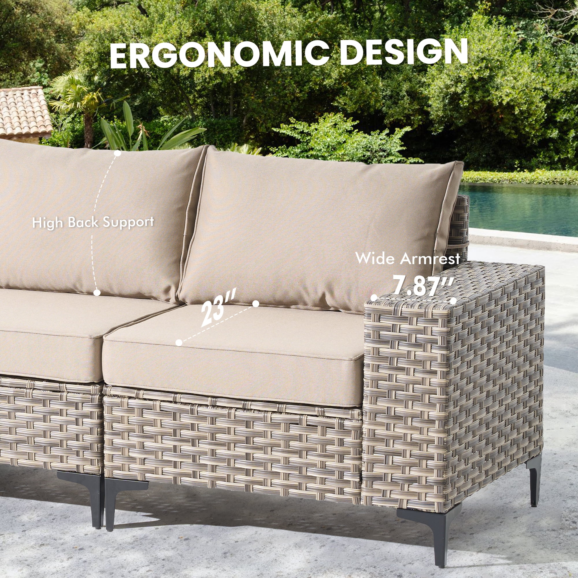 XIZZI Patio Furniture Outdoor Conversation Set with Wide Armrests, Wicker Rattan Patio Outdoor sectional with Firepit Table and Swivel Rocking Chair, Beige