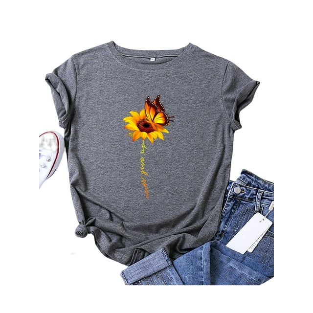 Innerwin Tee Butterfly Letter Printed Ladies T Shirt Holiday Short Sleeve Basic Tops Grey 3XL