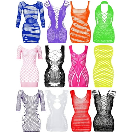 Waqn 12 Pieces Women s Fishnet Lingerie Mesh Babydoll Bodysuit Lace Smock Lingerie for Women (Fresh Color) A417