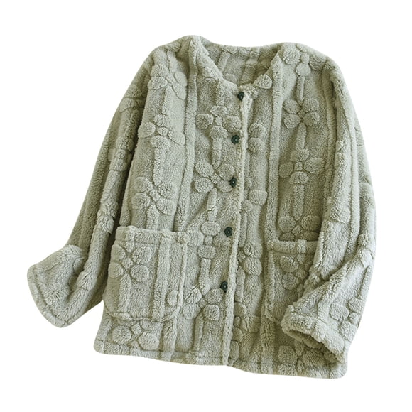 HAiming Fuzzy Jacket for Women Cute Flower Warm Fleece Long Sleeve Crew Neck Button down Winter Coats with Pockets