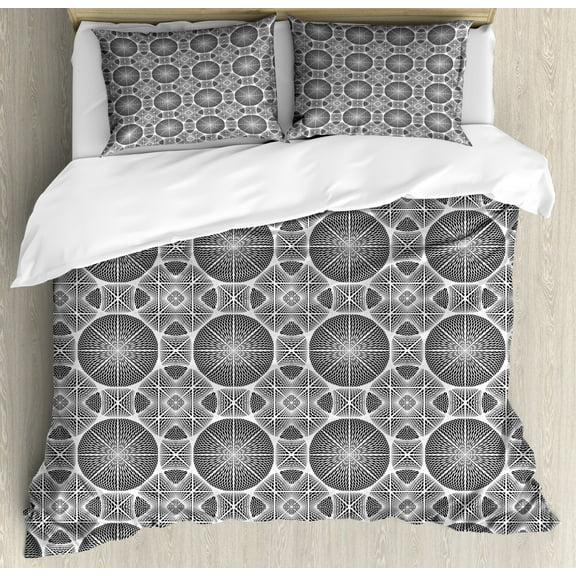Abstract Duvet Cover Set King Size, Optical Illusion Art Repetitive Circular Monochromatic Ornaments Pattern, Decorative 3 Piece Bedding Set with 2 Pillow Shams, Charcoal Grey White, by Ambesonne