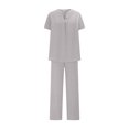 thumbnail image 3 of Casual Linen Sets for Women Summer 2 Piece Outfits New Arrivals Women’s Plus Size V-Neck Short Sleeve Tops and Wide Leg Pant Sets Vacation Travel Outfits Matching Clothing, 3 of 8