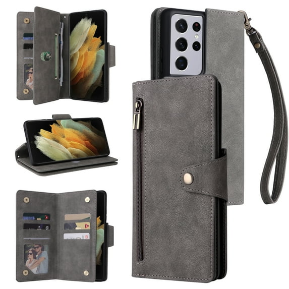 Feishell for Samsung Galaxy S21 Ultra Wallet Case with Wrist Strap,Premium PU Leather Zipper Pocket Magnetic Buckle Flip ID Credit Card Slots Shockproof Kickstand Phone Case for Women Men,Gray