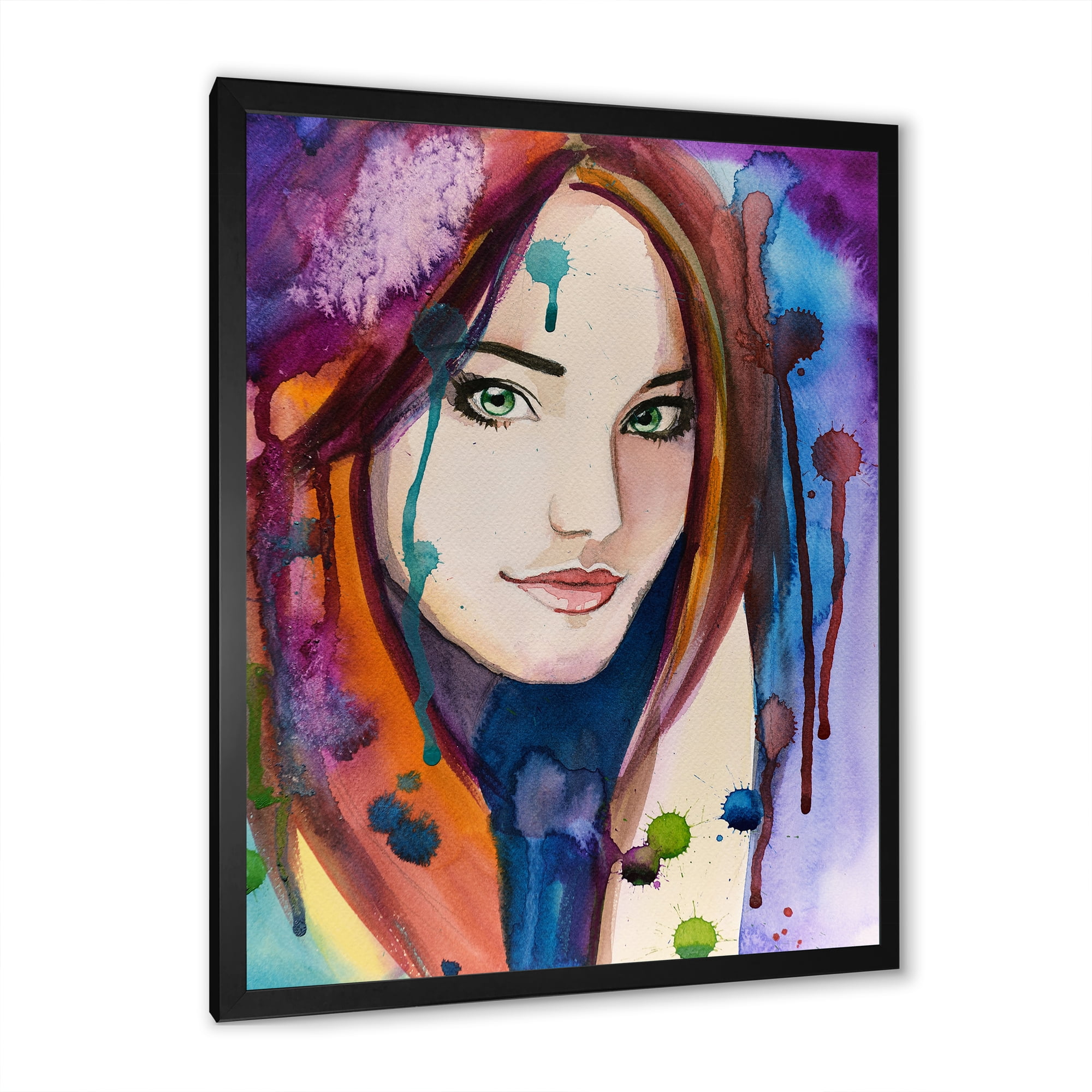 Designart 'Colorful Portrait Of Green Eyes Young Woman' Traditional Framed Art Print