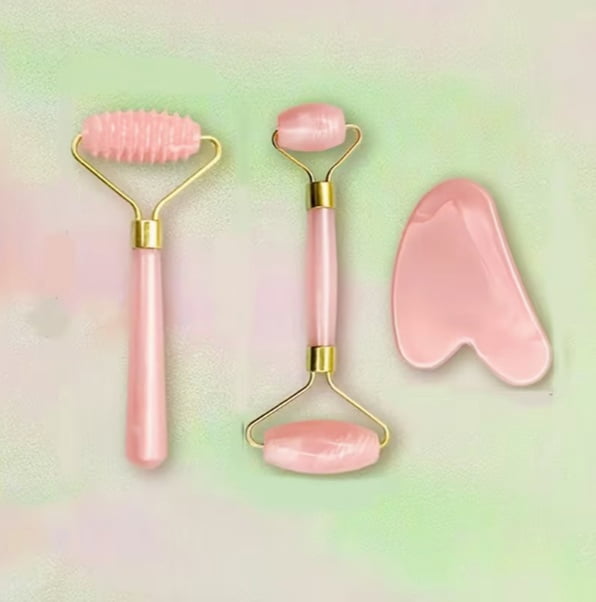 3pcs Heart-Shaped Rose Golden Roller Set - Facial Massager & Body Gua Sha Tool for All Seasons