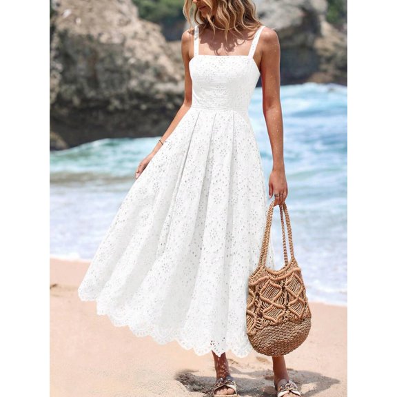 White Womens Sleeveless Maxi Sundress With Eyelet Cutout Square Neck Flowy Beach Vacation Dress