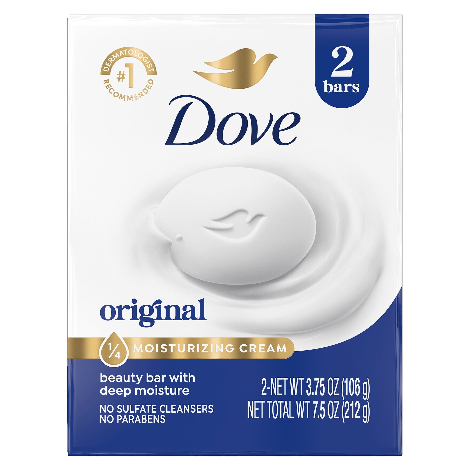 Dove Beauty Bar Soap For Soft Smooth Skin Original With 1/4 Moisturizing Cream, 3.75 oz 2 Bars