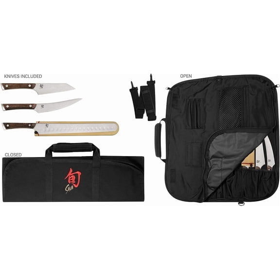 Shun Kanso 4 Piece BBQ Set, Includes 5" Asian Multi-Prep, 6" Boning/Fillet, 12" Brisket Knives & Knife Roll, Handcrafted Japanese Knife Set, AUS10A Stainless Steel Blades, Tagayasan Handles