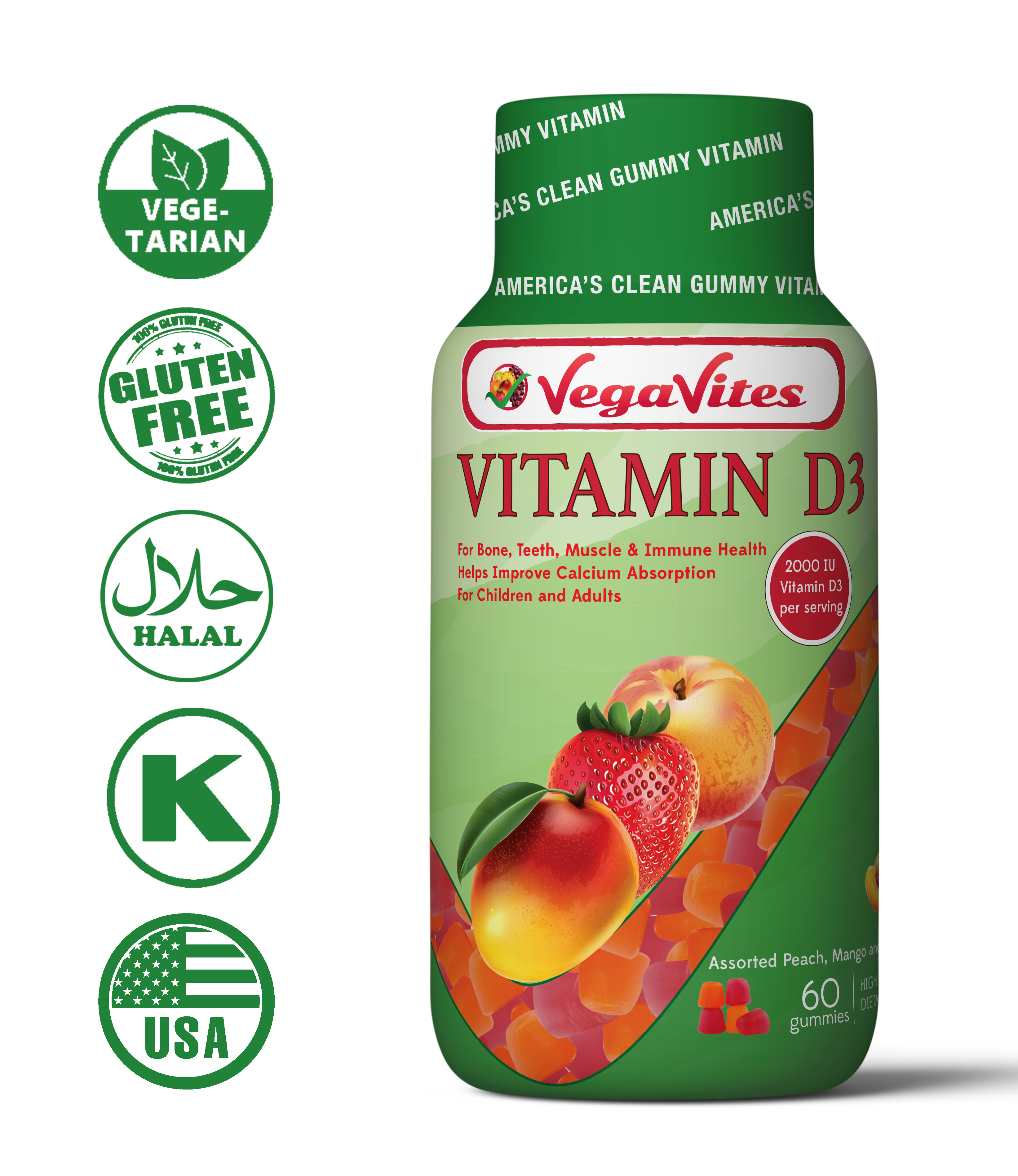 VegaVites Vitamin D3 Gummy Vitamins 2000 IU Boosts Immune System