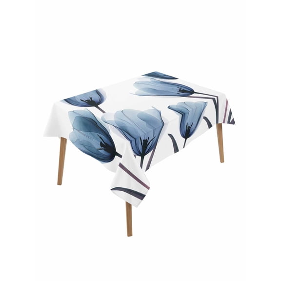 Blue Tulip Table Cloth, Spring Pastoral Flower Watercolor White Waterproof Tablecloth for Rectangle Tables, Reusable Washable Fabric Table Cover for Restaurant Kitchen Dining Tables 60"x102"