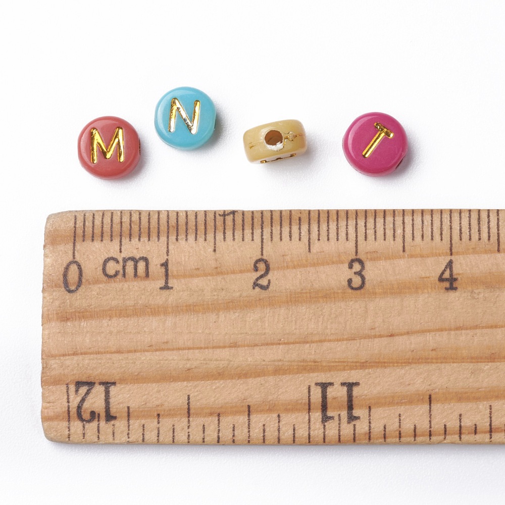 500gs Opaque Mixed color Acrylic Beads Metal Enlaced Flat Round with Random Letters Golden 7x4mm Hole: 1.8mm about 3700pcs/500g