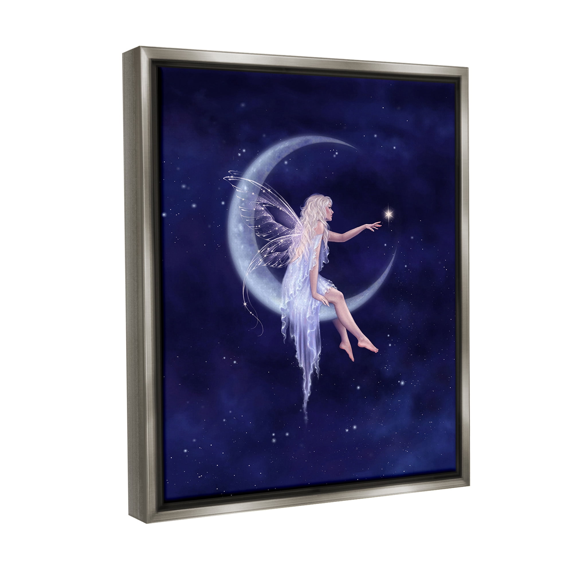 Stupell Industries Fairy & Crescent Moon Fairy Tales & Fantasy Painting Gray Floater Framed Canvas Art Print Wall Art, 17 x 21