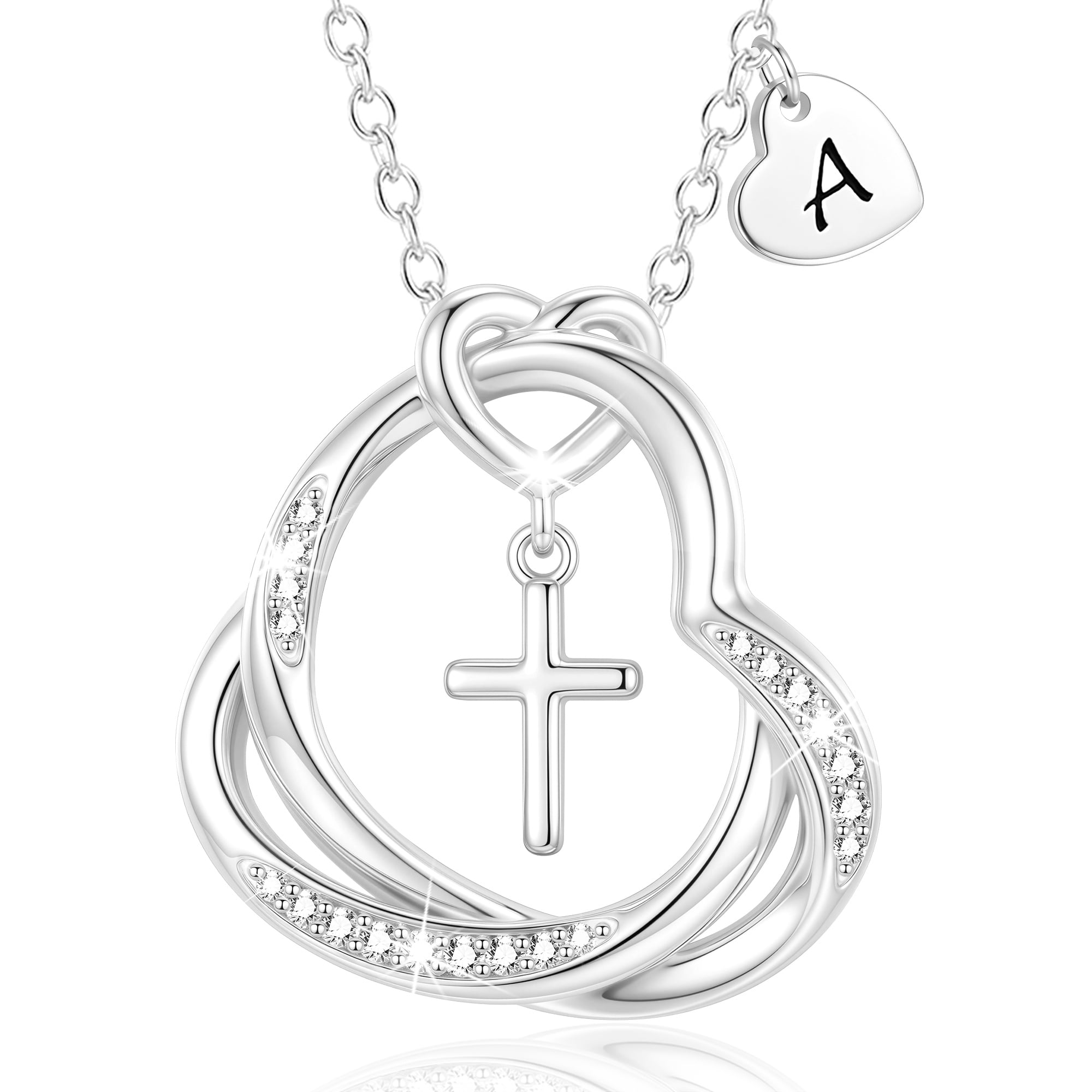 APSVO S925 Sterling Silver Plated Love Heart Initial Cross Necklaces for Women Girls CZ Letter A Pendant Chain Birthday Christmas Jewelry Gifts Teen Adults Wife Mom Stocking Stuffers for Kids Age