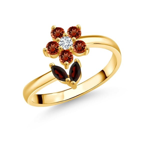 Gem Stone King 18K Yellow Gold Plated Silver Red Garnet and White Lab Grown Diamond Flower Open Ring for Women (0.82 Cttw, Gemstone January Birthstone, Size 5)