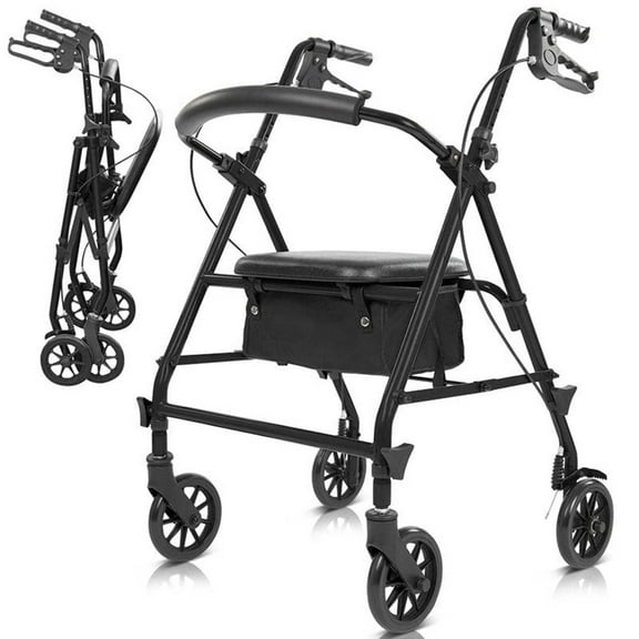 Vive Mobility Core Rollator Walker – Lightweight Folding 4-Wheel Walker with Seat, Adjustable Handles & Storage Bag, Black