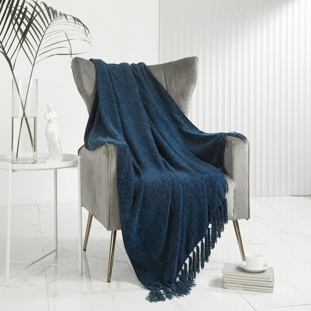 Hearth Chenille Throw with Fringe Navy, 50 x 60