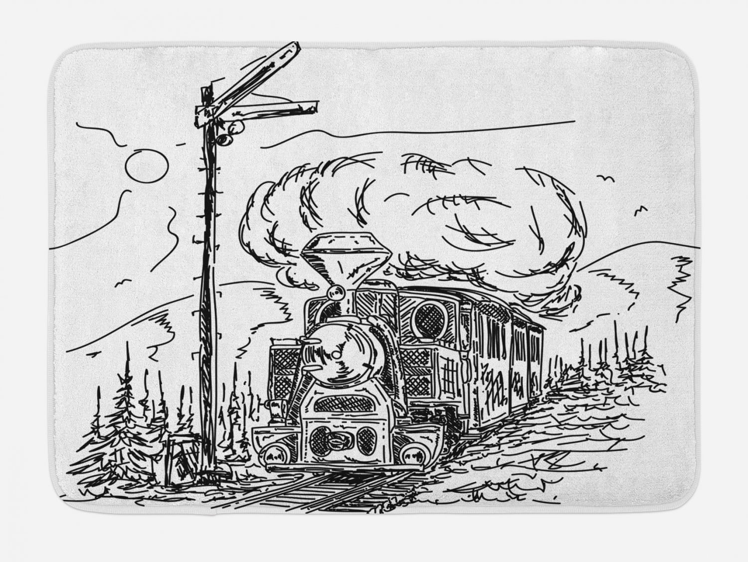 Steam Engine Bath Mat, Black and White Old Train on Railroad Sketch