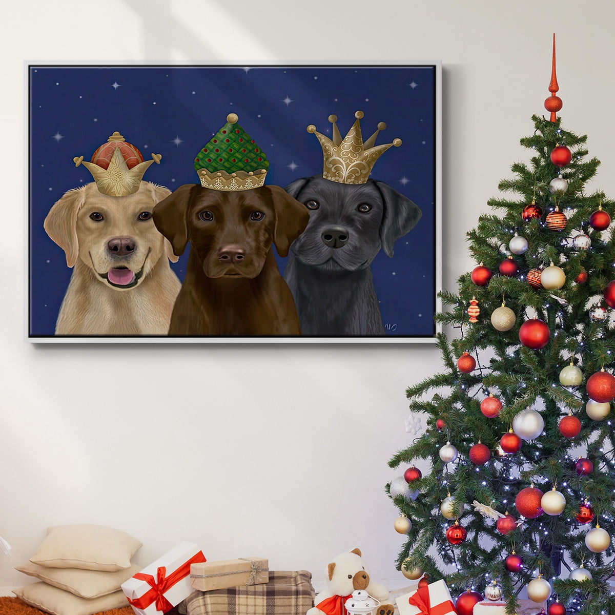 Christmas Labradors, Three Kings - Framed Gallery Wrapped Holiday Canvas - 25 x 37 - White Frame