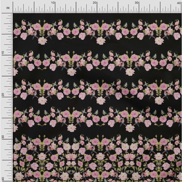 Soimoi Black Rayon Crepe Fabric Flowerpecker & Floral Panel Print Sewing Fabric BTY 46 Inch Wide